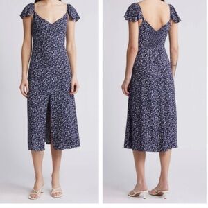 Reformation Baxley Navy Floral Flutter Sleeve midi dress